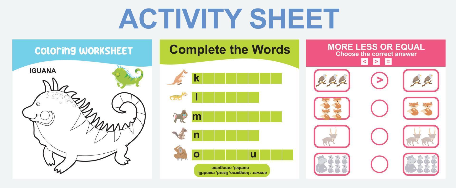Educational printable worksheet. Activity sheet for children with animal theme. Coloring sheet, complete the words, more or less activity. Vector file.