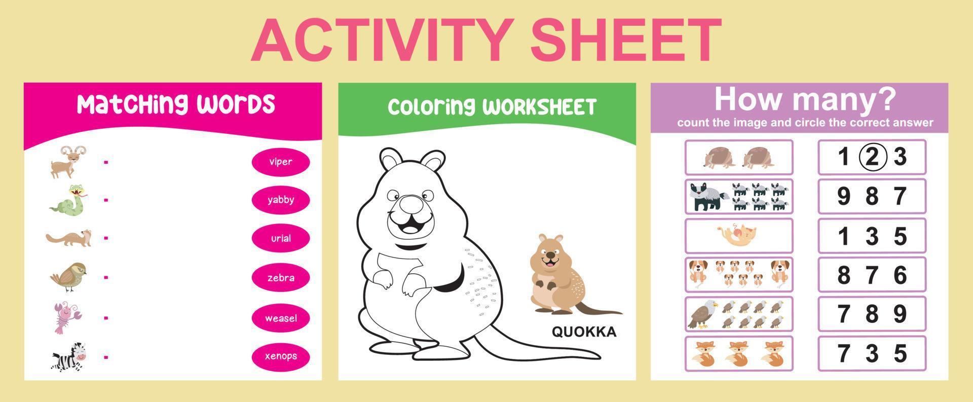 Educational printable worksheet. Activity sheet for children with animal theme. Coloring sheet, matching words, counting how many activity. Vector file.