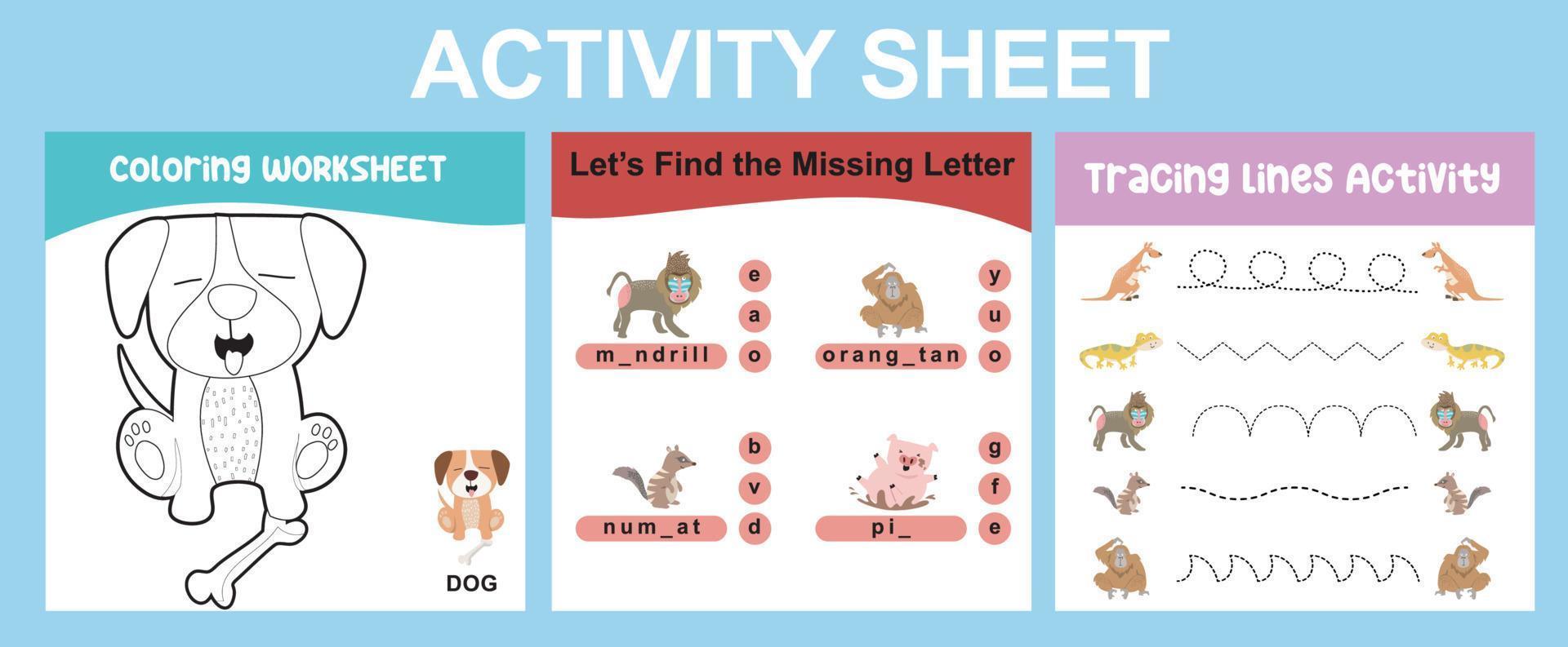 Educational printable worksheet. Activity sheet for children with animal theme. Coloring sheet, find the missing letter, and tracing activity. Vector illustrations.