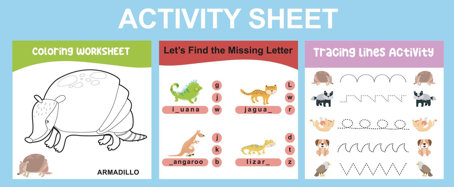 Educational printable worksheet. Activity sheet for children with animal theme. Coloring sheet, find the missing letter, and tracing activity. Vector illustrations.