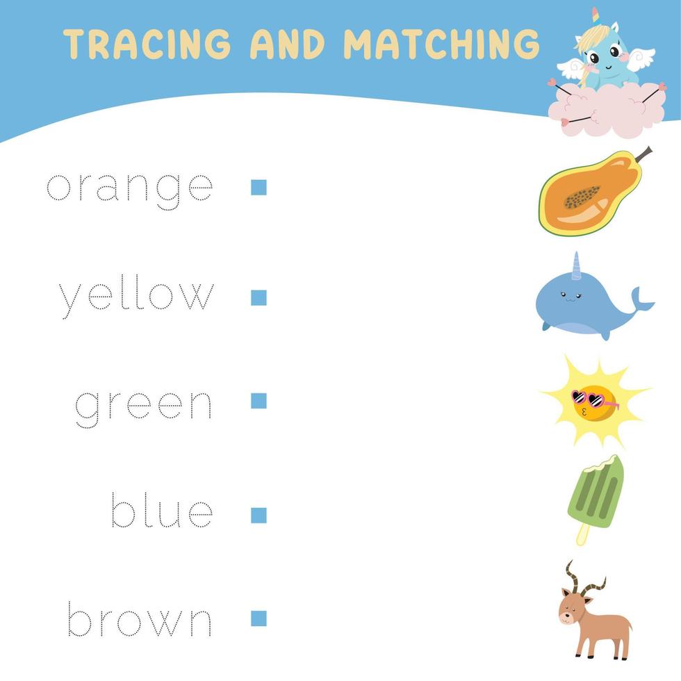 Trace and matching words with pictures. Exercise for children to recognize color. Educational worksheet for preschool. Vector file.