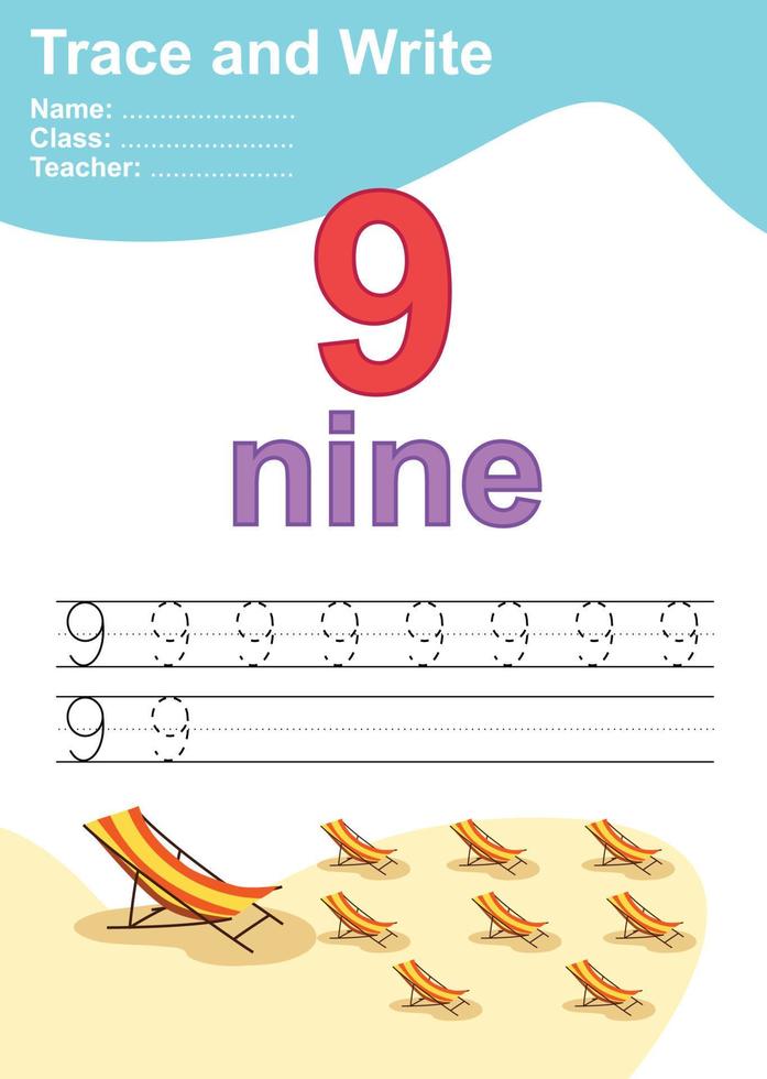 Trace and write number for children. Exercise for children to recognize the number. Educational worksheet for preschool. Vector file.