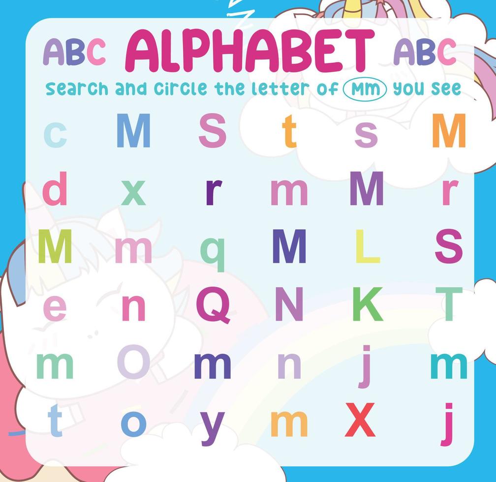 Search and circle the uppercase and lowercase letter on the worksheet. Exercise for children to recognize the alphabet. Educational sheet for preschool. Vector file.