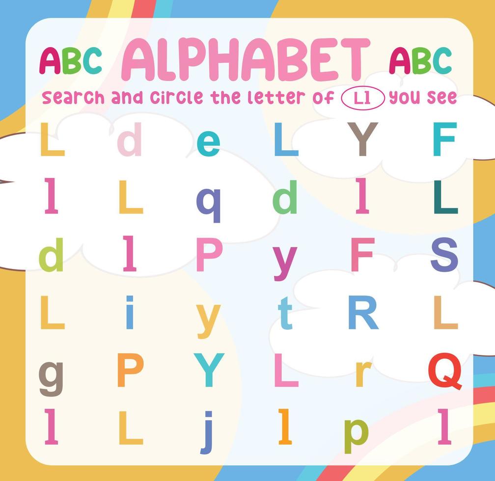 Search and circle the uppercase and lowercase letter on the worksheet. Exercise for children to recognize the alphabet. Educational sheet for preschool. Vector file.