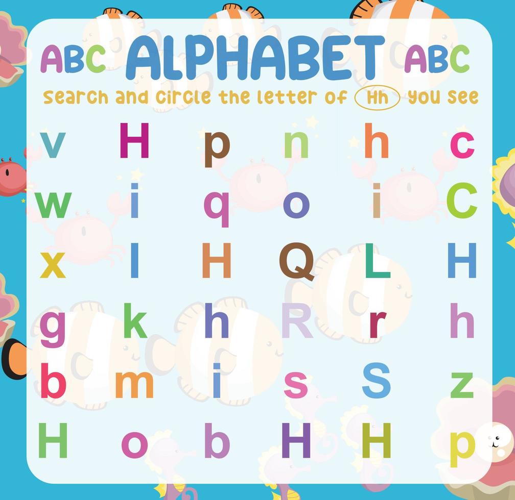 Search and circle the uppercase and lowercase letter on the worksheet. Exercise for children to recognize the alphabet. Educational sheet for preschool. Vector file.