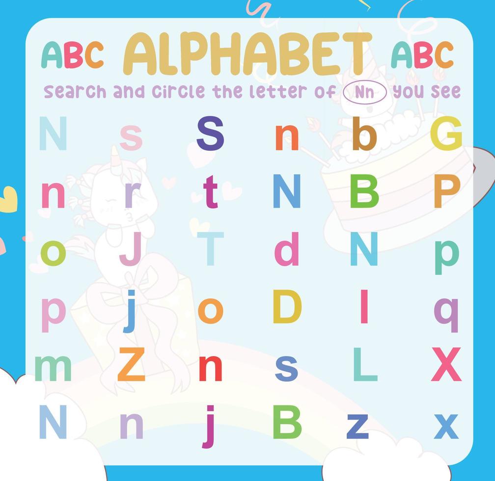 Search and circle the uppercase and lowercase letter on the worksheet. Exercise for children to recognize the alphabet. Educational sheet for preschool. Vector file.