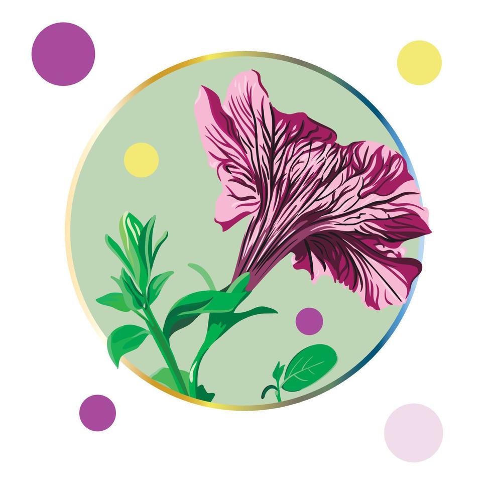 Purple petunia flower framed in a green circle on a white background with colorful polka dots. Green leaves, buds, purple and pink flowers. Vintage. vector