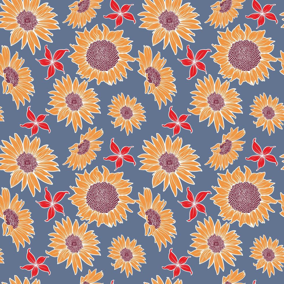 seamless pattern with flowers and sunflower petals with a white stroke on a dark background. idea for wallpaper, textile. vector illustration