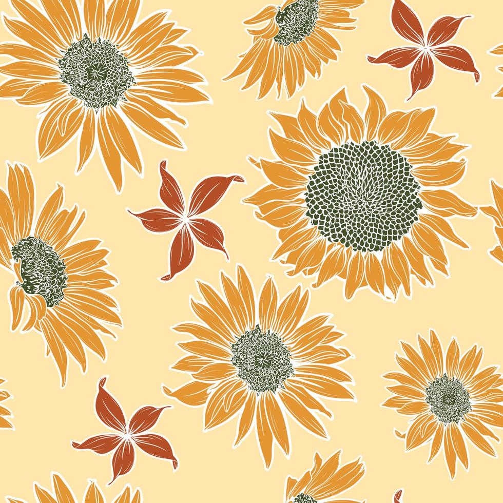 seamless pattern in autumn colors with flowers and sunflower petals. idea for wallpaper, textile. vector illustration