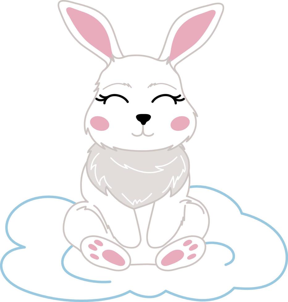 Vector children's illustration of a white rabbit in a flower wreath on a cloud. illustration isolated on a white background