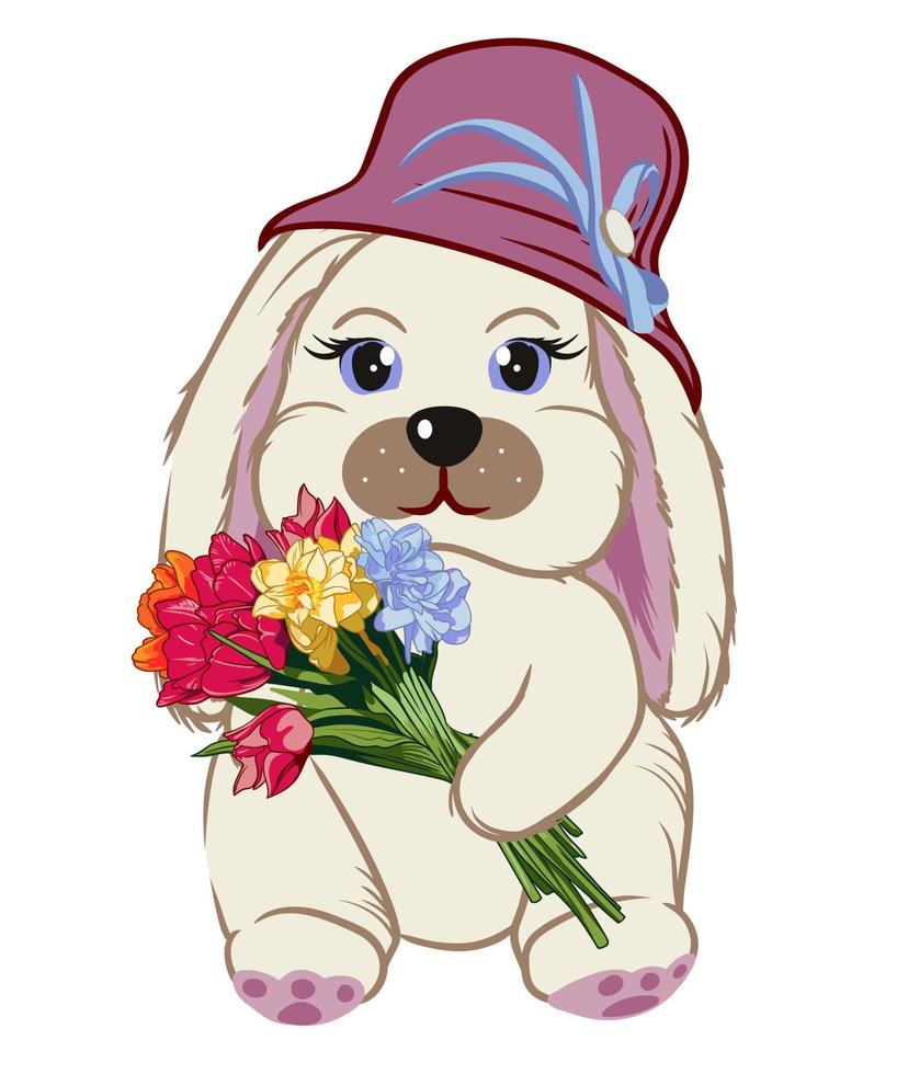 bunny in a hat with a bouquet of flowers, children's illustration vector