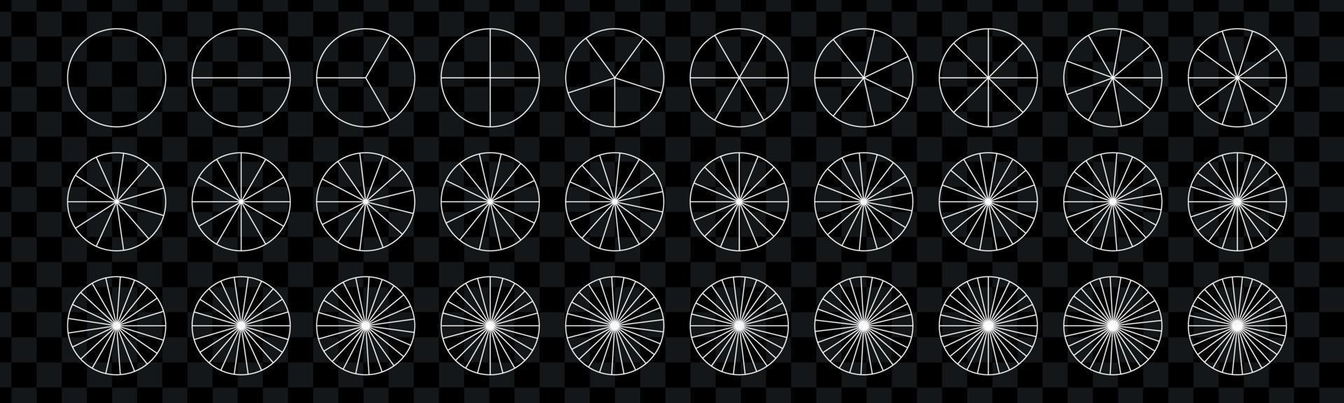 Segment slice set. Simple geometry. Diagram with sections or steps. Pizza geometry math. Pies fraction. Vector isolated illustration
