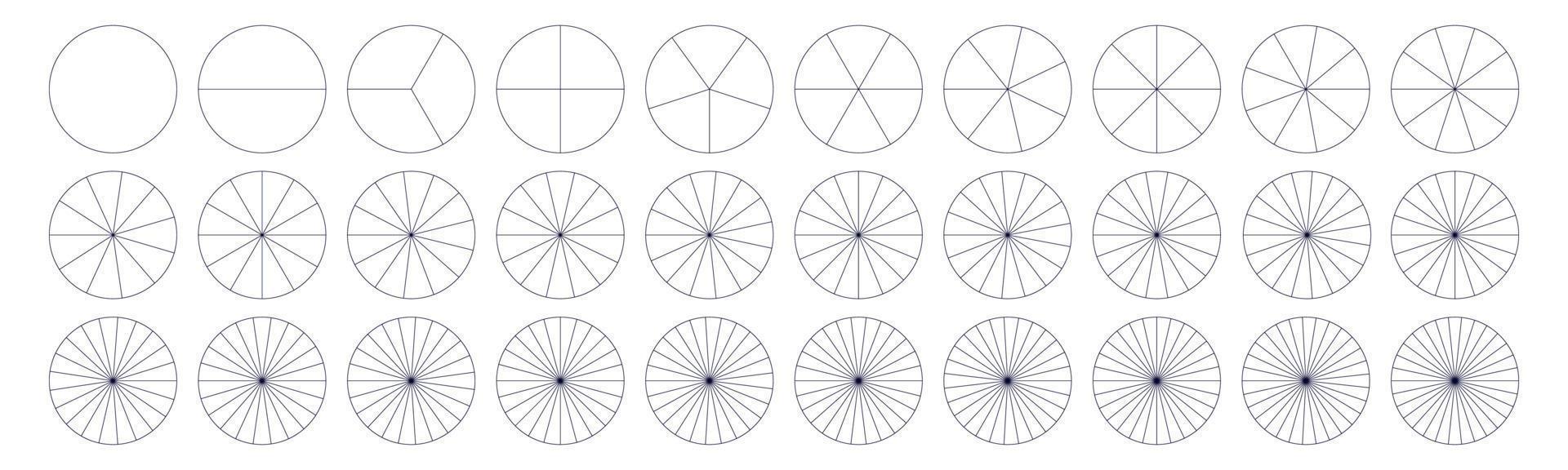 Fractions pie divided for math. Circle pie with pieces. Segment slice set. Simple geometry. Vector isolated illustration