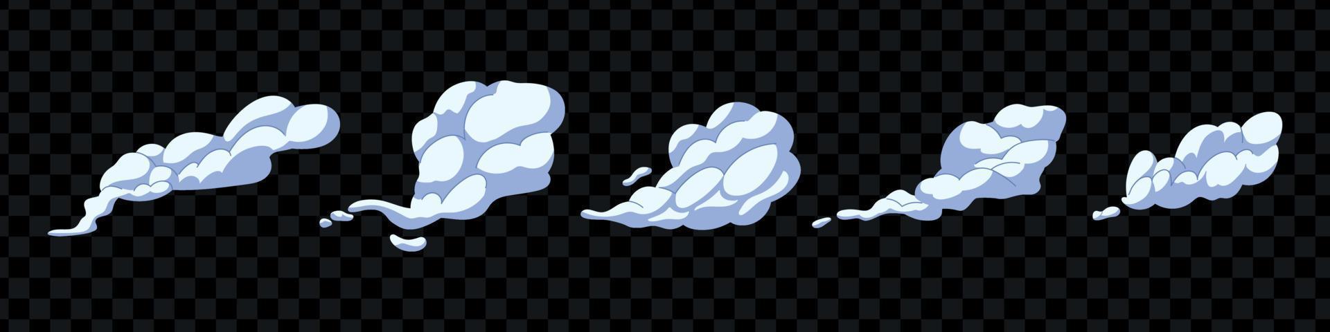 Dust,clouds and gas clouds set in cartoon style. Abstract smoky silhouette. Wind silhouette steaming, smoke explosion, comic cloud collection. Vector illustration isolated