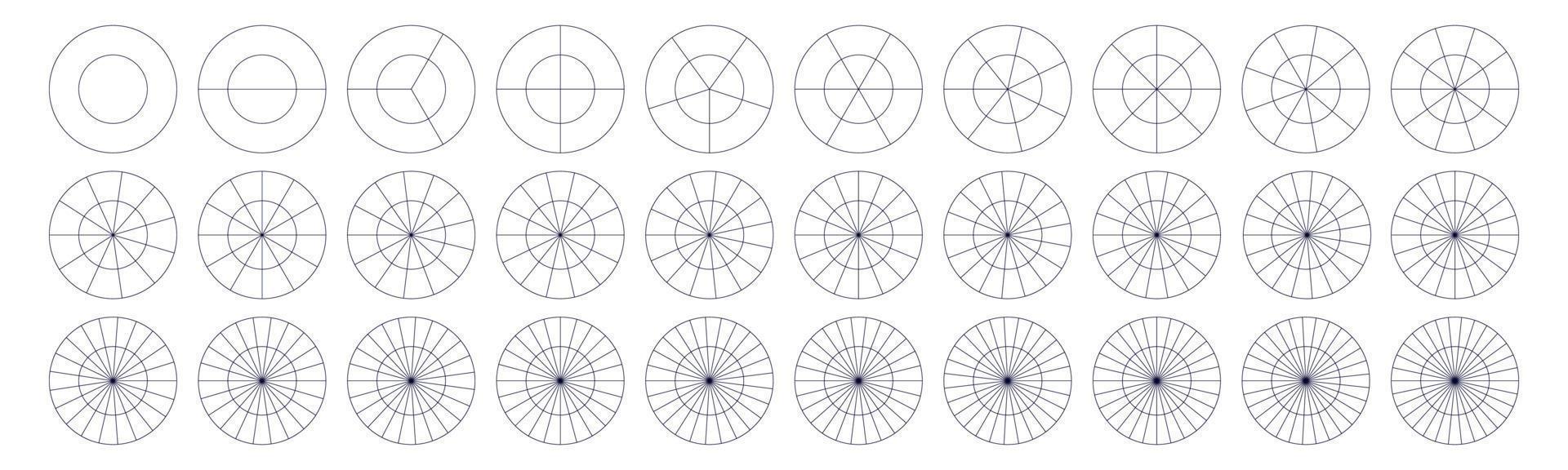 Divided geometric circles. Segment slice set. Simple geometry. Diagram with sections or steps. Vector isolated illustration