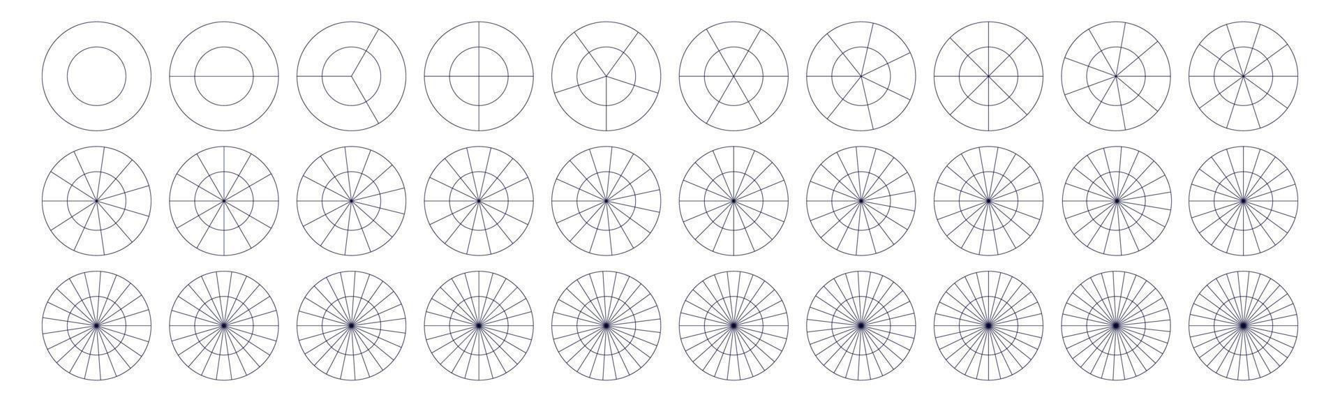 círculos geométricos divididos. conjunto de rebanadas de segmento. geometría sencilla. diagrama con secciones o pasos. ilustración vectorial aislada vector