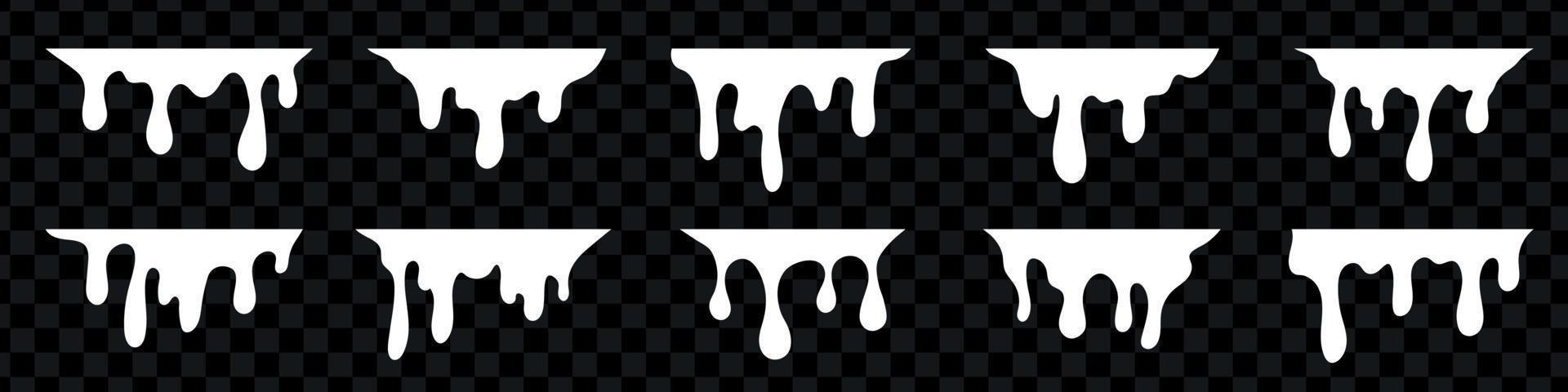 Liquid paint dripping. White melt drop set. white cream leak drop splash, isolated milk yogurt flowing drops. Vector illustration