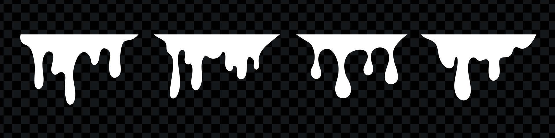 Liquid paint dripping. White melt drop set. white cream leak drop splash, isolated milk yogurt flowing drops. Vector illustration