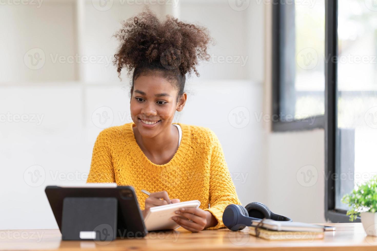 Asian girl student online learning class study online video call zoom teacher, Happy asian girl learn english language online with computer laptop. photo