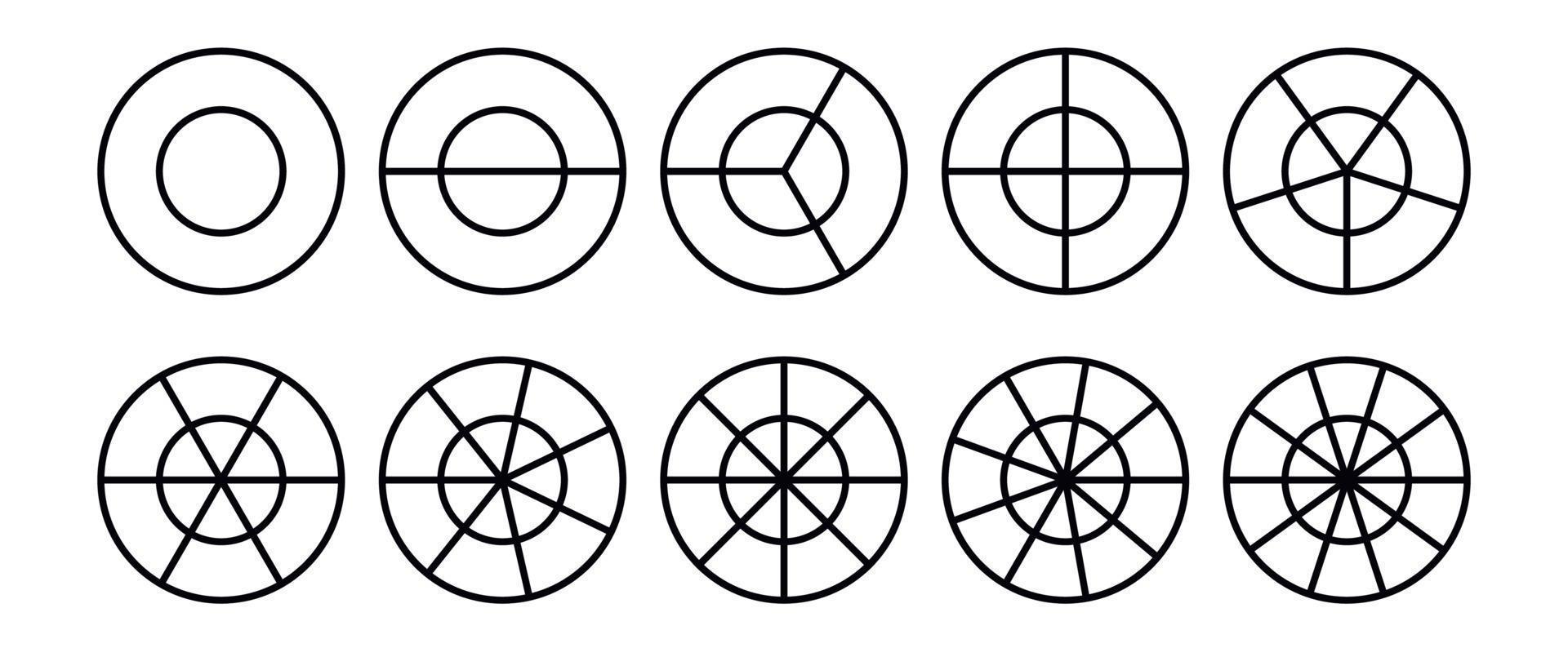 Fractions pie divided for math. Circle pie with pieces. Segment slice set. Simple geometry. Vector isolated illustration