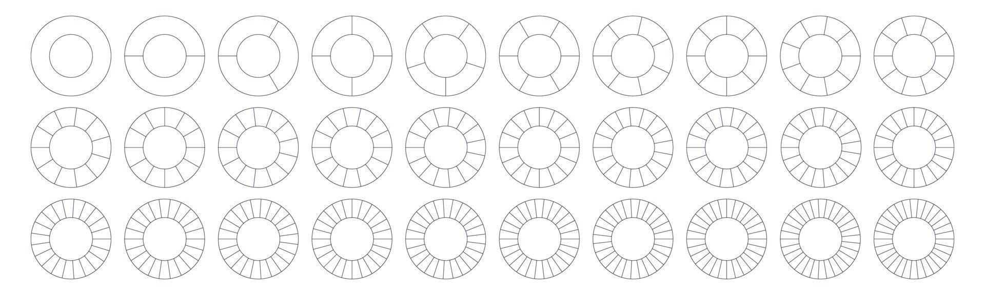 Fractions pie divided for math. Circle pie with pieces. Segment slice set. Simple geometry. Vector isolated illustration