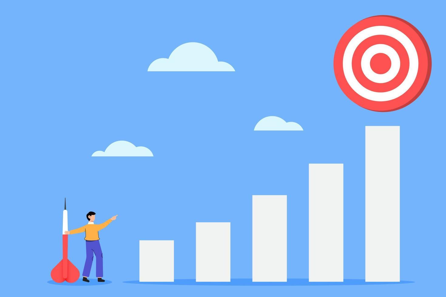 Goal achievement flat design. Achieving life goals. Marketing targeting concept. Man with a dart and dart board on top of a graph stair. vector illustration.