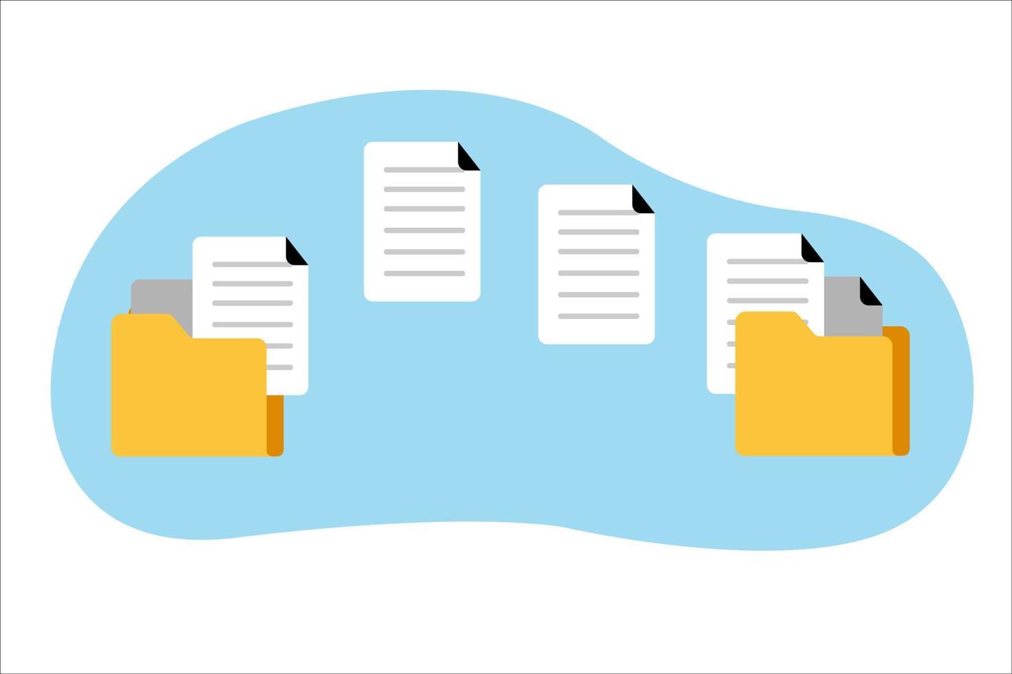 documents Transferring. Transferring documents to another folder. backup data concept. Folders with documents flying isolated on blue background. vector flat design illustration.