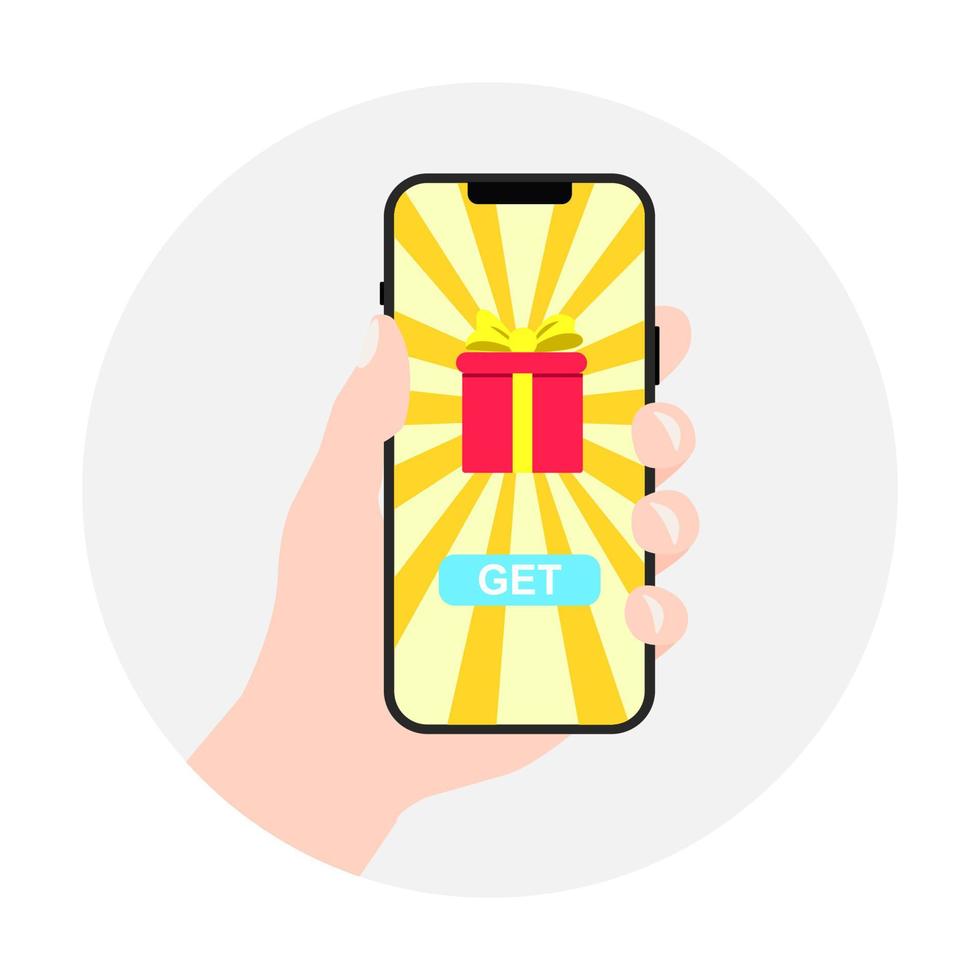 el concepto de ser consciente del spam en el mundo en línea. el ganador ganó la gran recompensa en la aplicación. mano que sostiene el teléfono inteligente con un gran regalo. ilustración de diseño plano vectorial. vector