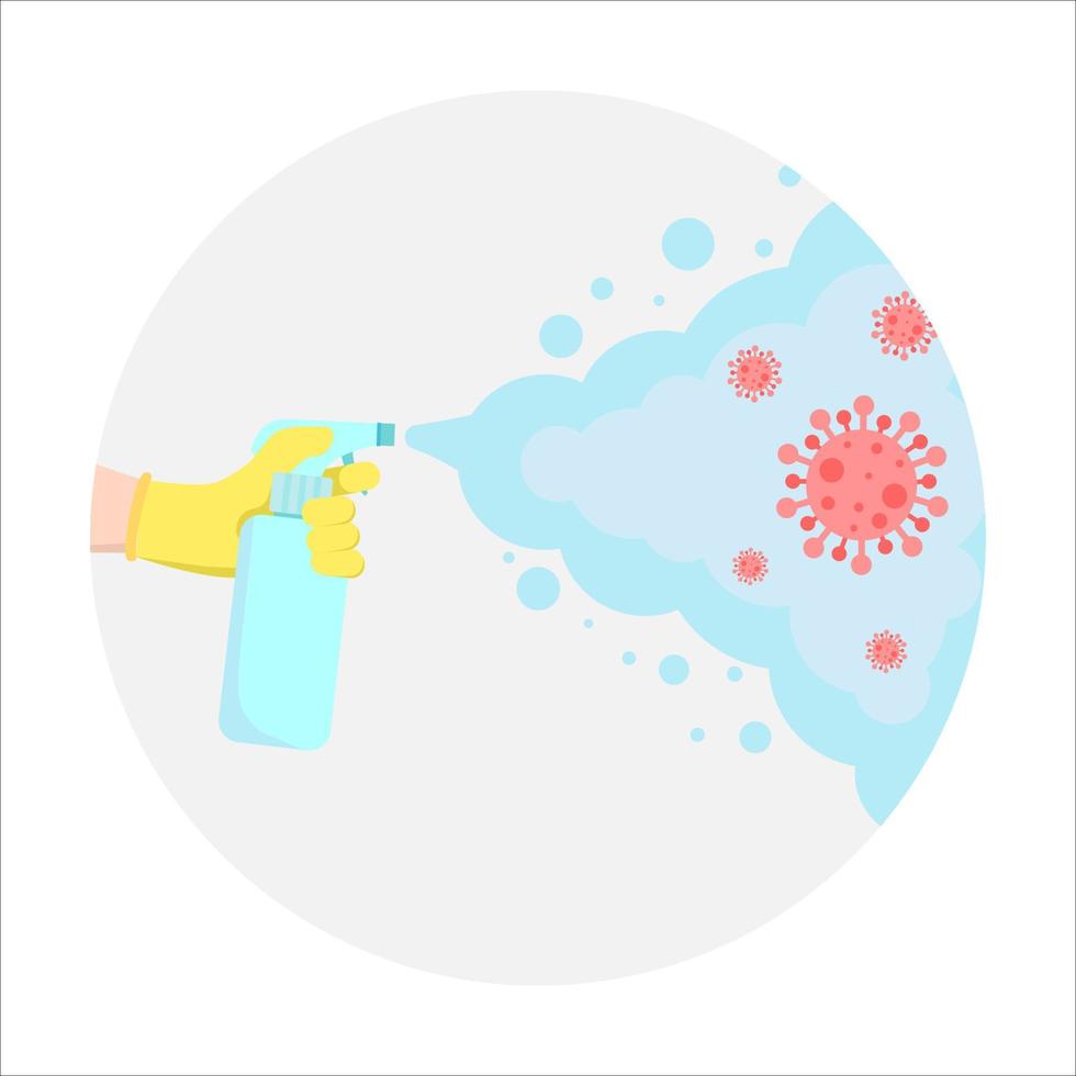 pulverización de desinfectante contra el virus covid 19. limpiar y desinfectar las bacterias. mano sosteniendo una botella de spray desinfectante rociando para matar el virus. ilustración de diseño plano vectorial. vector