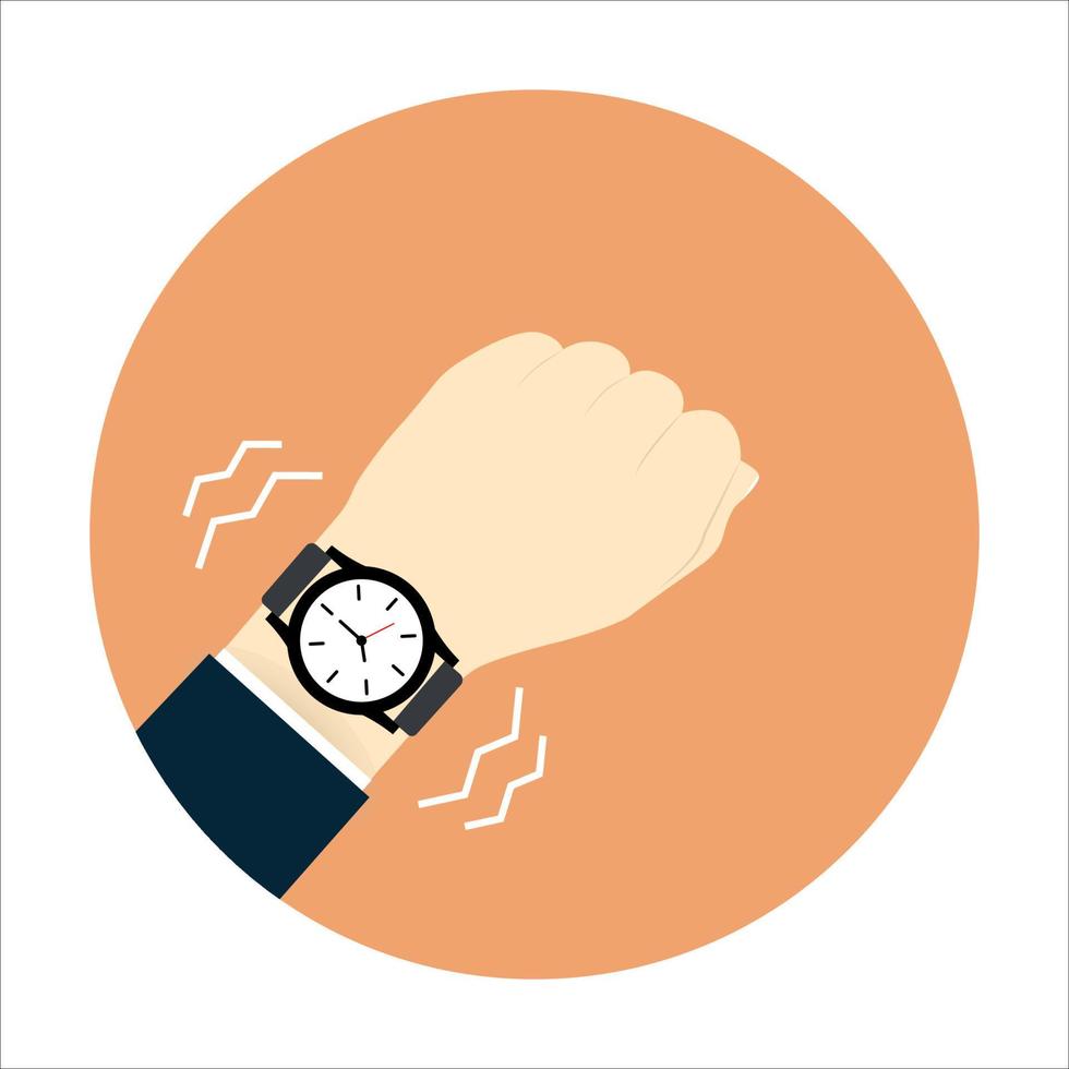 Looking at the watch on the left arm during rush hour. watch on the left hand with the shake icon isolated on orange circle background. vector flat design illustration