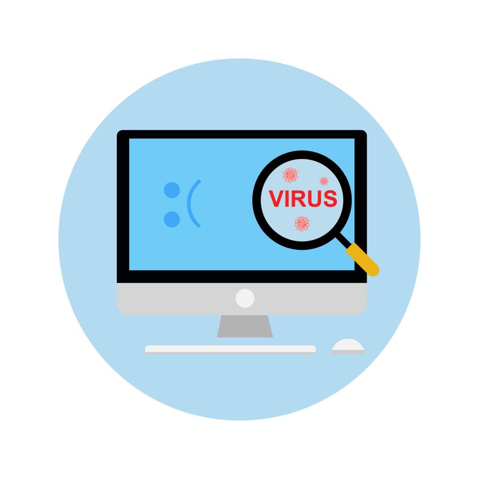 Concept of cybercrime. computer threat protection. Scanning for viruses on the computer. A magnifying glass detecting viruses on the computer. vector flat design illustration.