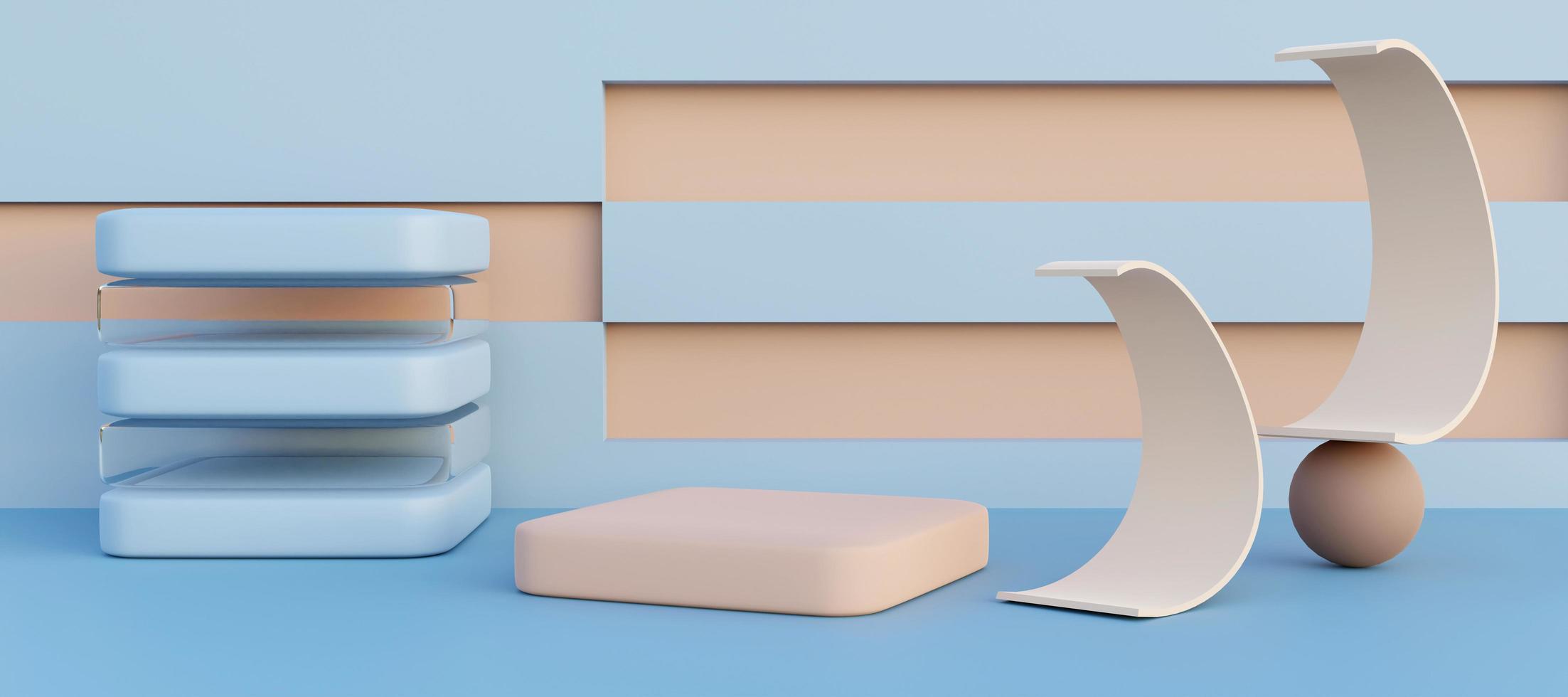 Beige podium with light blue geometric objects. Stand to show products. Stage showcase with copy space. Minimal Pedestal display. Banner size. Website cover template. 3D rendering. photo