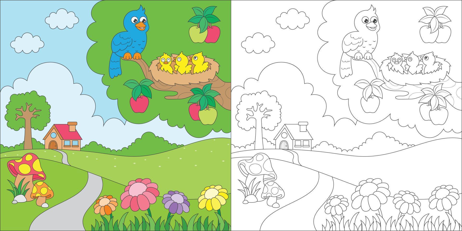 coloring bird and her nest vector