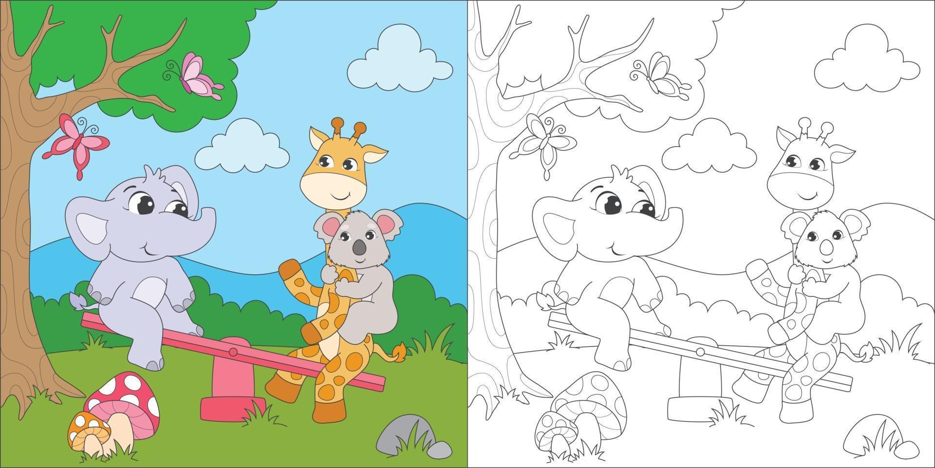 coloring animals playing seesaw vector