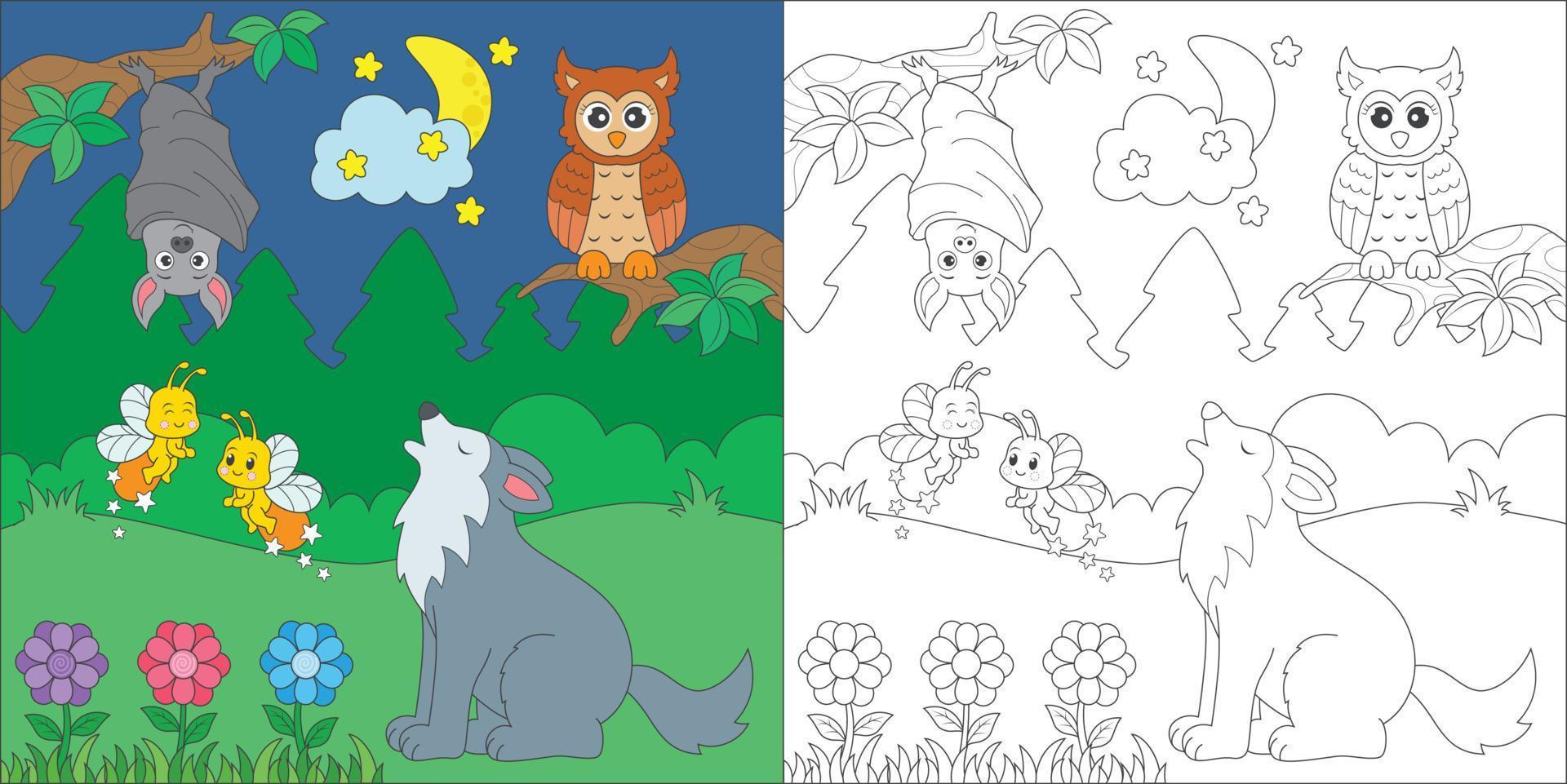 colorear animales nocturnos vector