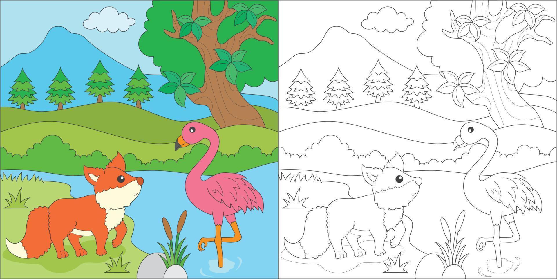 coloring fox and flamingo vector