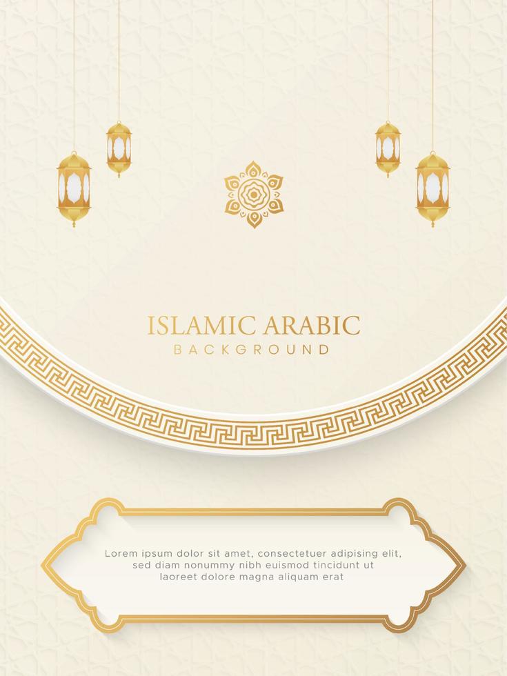 Islamic Ornamental Arabic White and Golden Background or Book Cover with Geometric Pattern and Lanterns vector