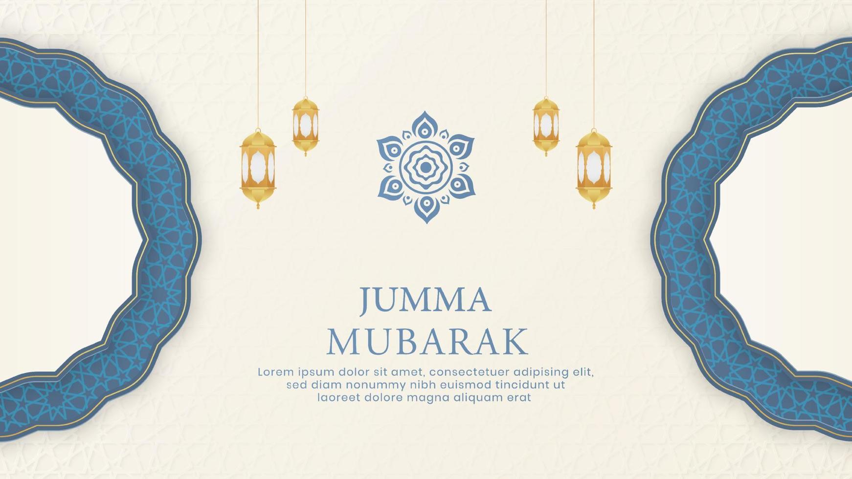 Jumma Mubarak Islamic Arabic White Luxury Background with Geometric pattern and Beautiful Ornament with Lanterns vector