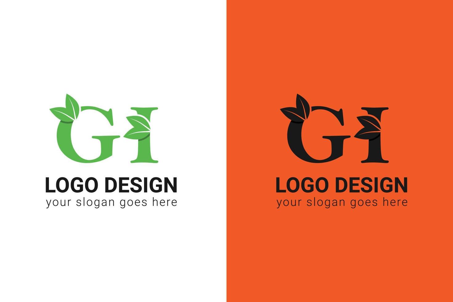 Ecology GI letters logo with green leaf. GI letters eco logo with leaf. Vector typeface for nature posters, eco friendly emblem, vegan identity, herbal and botanical cards etc.