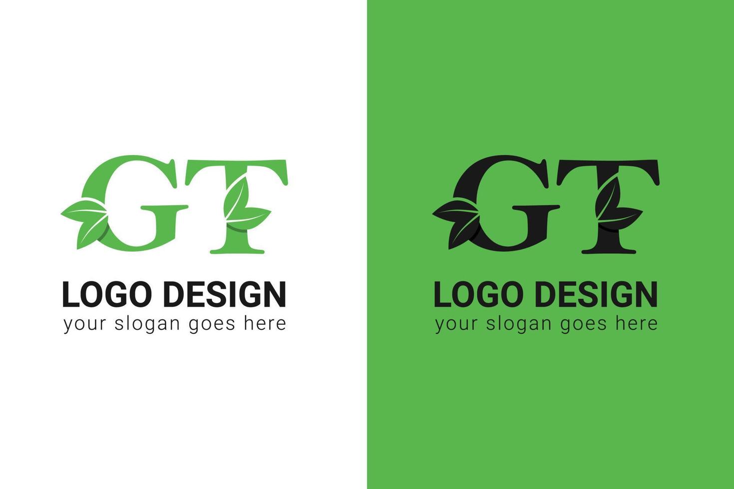 Ecology GT letters logo with green leaf. GT letters eco logo with leaf. Vector typeface for nature posters, eco friendly emblem, vegan identity, herbal and botanical cards etc.