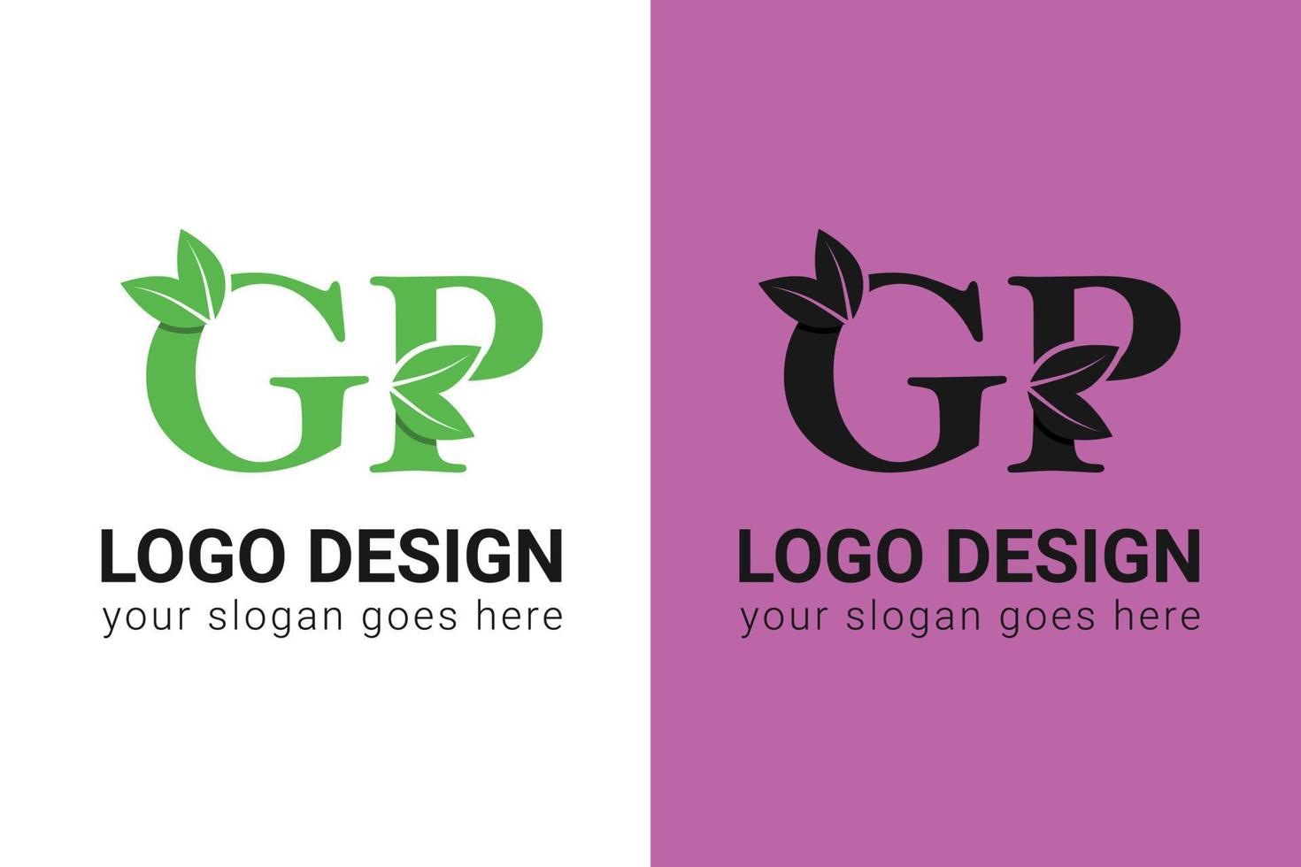 Ecology GP letters logo with green leaf. GP letters eco logo with leaf. Vector typeface for nature posters, eco friendly emblem, vegan identity, herbal and botanical cards etc.
