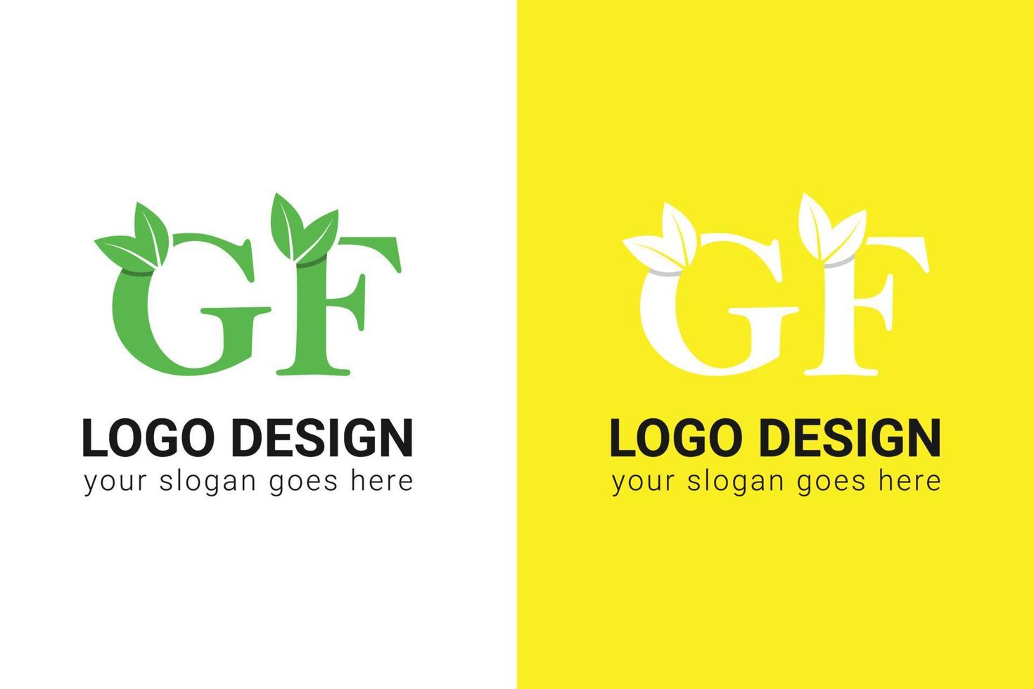 Ecology GF letters logo with green leaf. GF letters eco logo with leaf. Vector typeface for nature posters, eco friendly emblem, vegan identity, herbal and botanical cards etc.