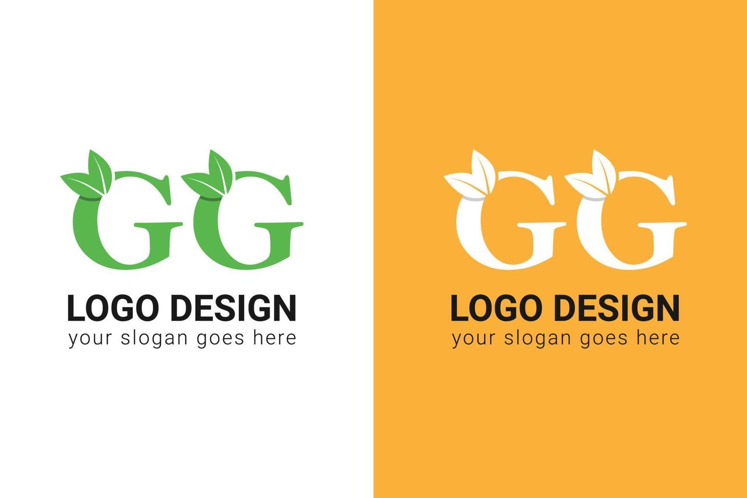 Ecology GG letters logo with green leaf. GG letters eco logo with leaf. Vector typeface for nature posters, eco friendly emblem, vegan identity, herbal and botanical cards etc.