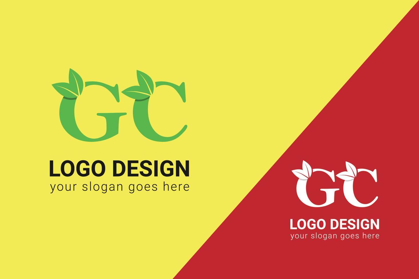 Ecology GC letters logo with green leaf. GC letters eco logo with leaf. Vector typeface for nature posters, eco friendly emblem, vegan identity, herbal and botanical cards etc.