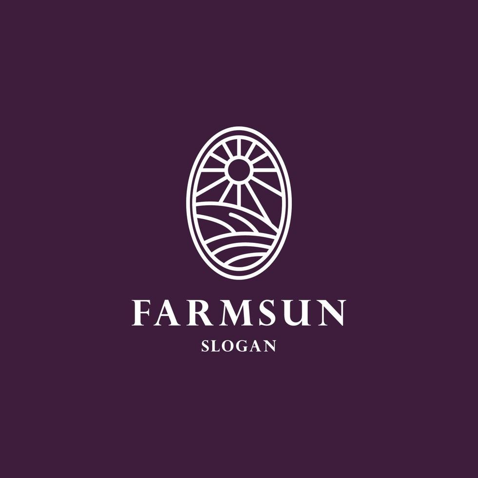 plantilla de icono de sol de granja. ilustración de símbolo de agricultura orgánica lineal con campo, sol, rayos. logotipo de alimentos naturales vector