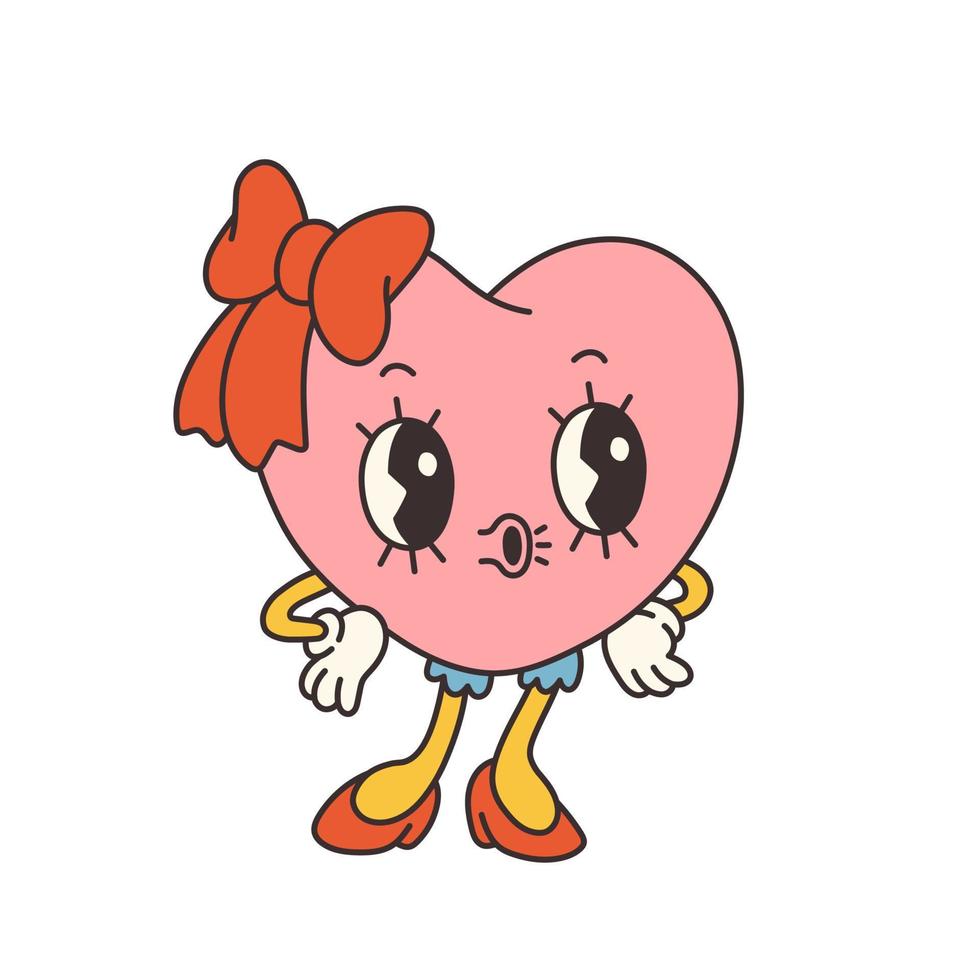 ilustración de día de san valentín de corazón maravilloso de moda. estilo de dibujos animados retro día de san valentín. Vector vintage de estética de los años 70 y 60.