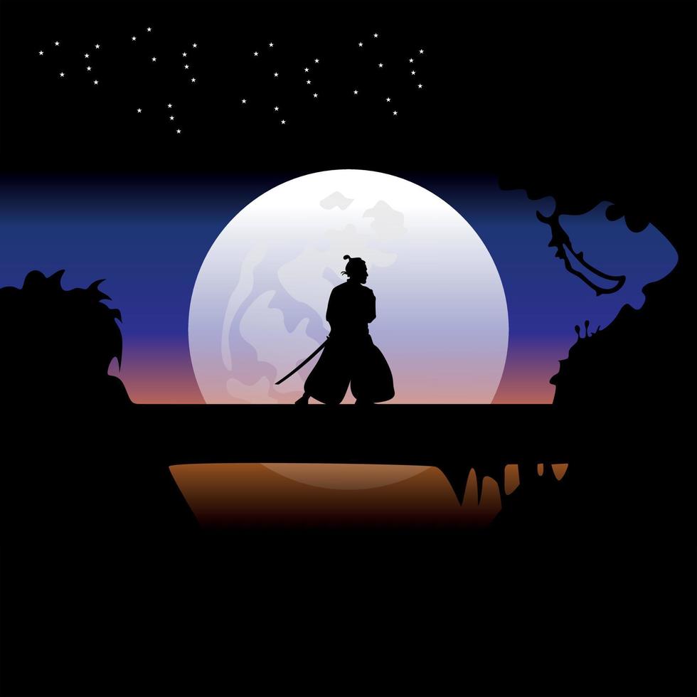 Samurai training at night on a full moon 1 vector