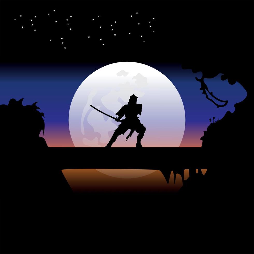 samurai entrenando en la noche de luna llena vector