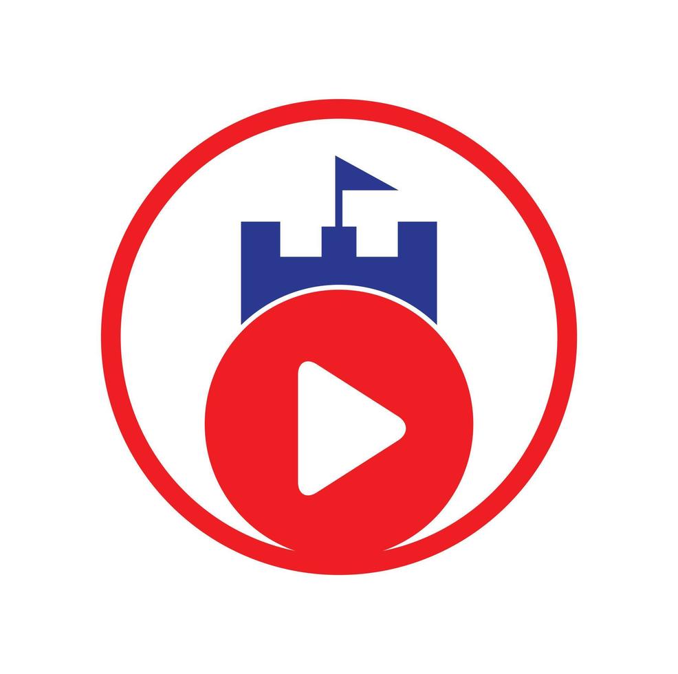 Button play and castle vector logo combination. Record and tower symbol or icon.