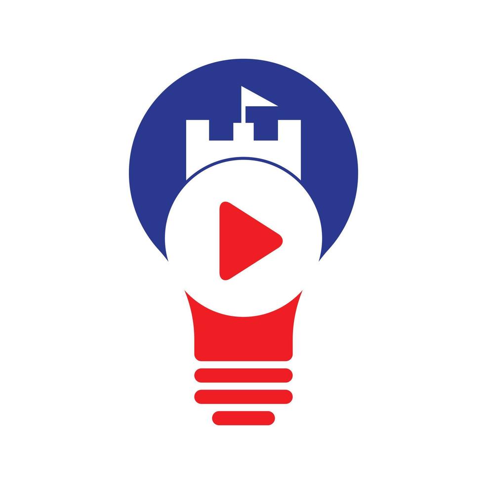 Play castle bulb shape concept logo design. Button play and castle vector logo combination. Record and tower symbol or icon.